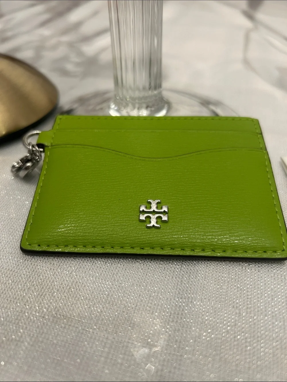 Tory Burch Bright Lime Green Leather Card Holder with charm Rory BNWT